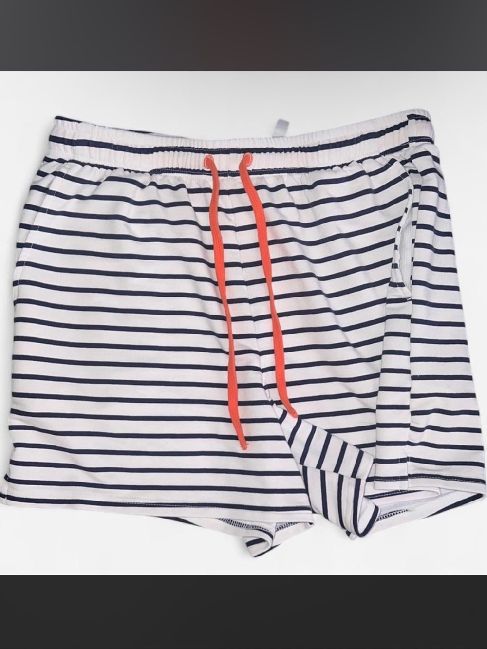 Fabletics White & Navy Striped shorts with Coral Drawcord and accents